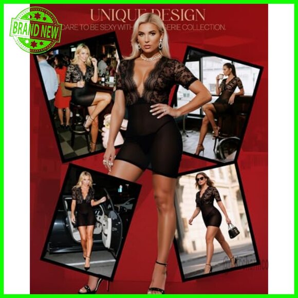 Large V-Neck Lace Chemise with Thong, Recycled Material, Half Sleeve - Picture 5 of 7